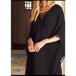 NWT Walter Baker Acapulco Kaftan Black Coverup Dress Boho Tassel Laced One Size